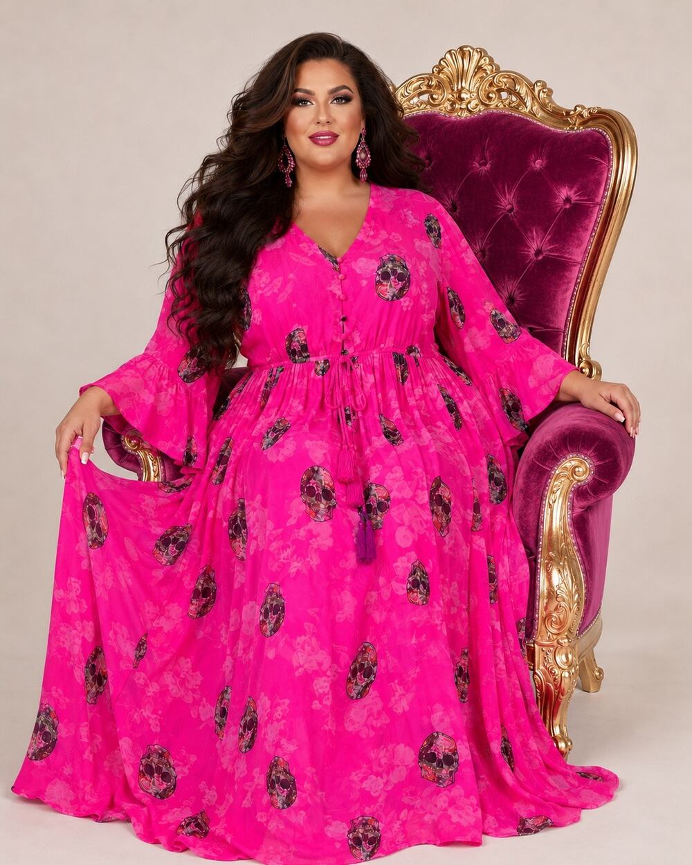Torrid Size 1 Pink Floral Sugar Skull Chiffon Maxi Dress Goth Boho Slip